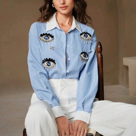 Women's Riveted Rhinestone Embellished Blue Striped Patch-Up Shirt Top - Picture 6 of 6